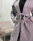 Arzu Light Grey Belted Pocket Lightweight Jacket Coat