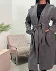 Arzu Dark Grey Belted Pocket Lightweight Jacket Coat