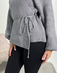 Regina Grey Knitted Balloon Sleeve Wrap Top