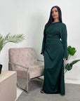 Lara Emerald Green Satin Waist Detail Modest Dress