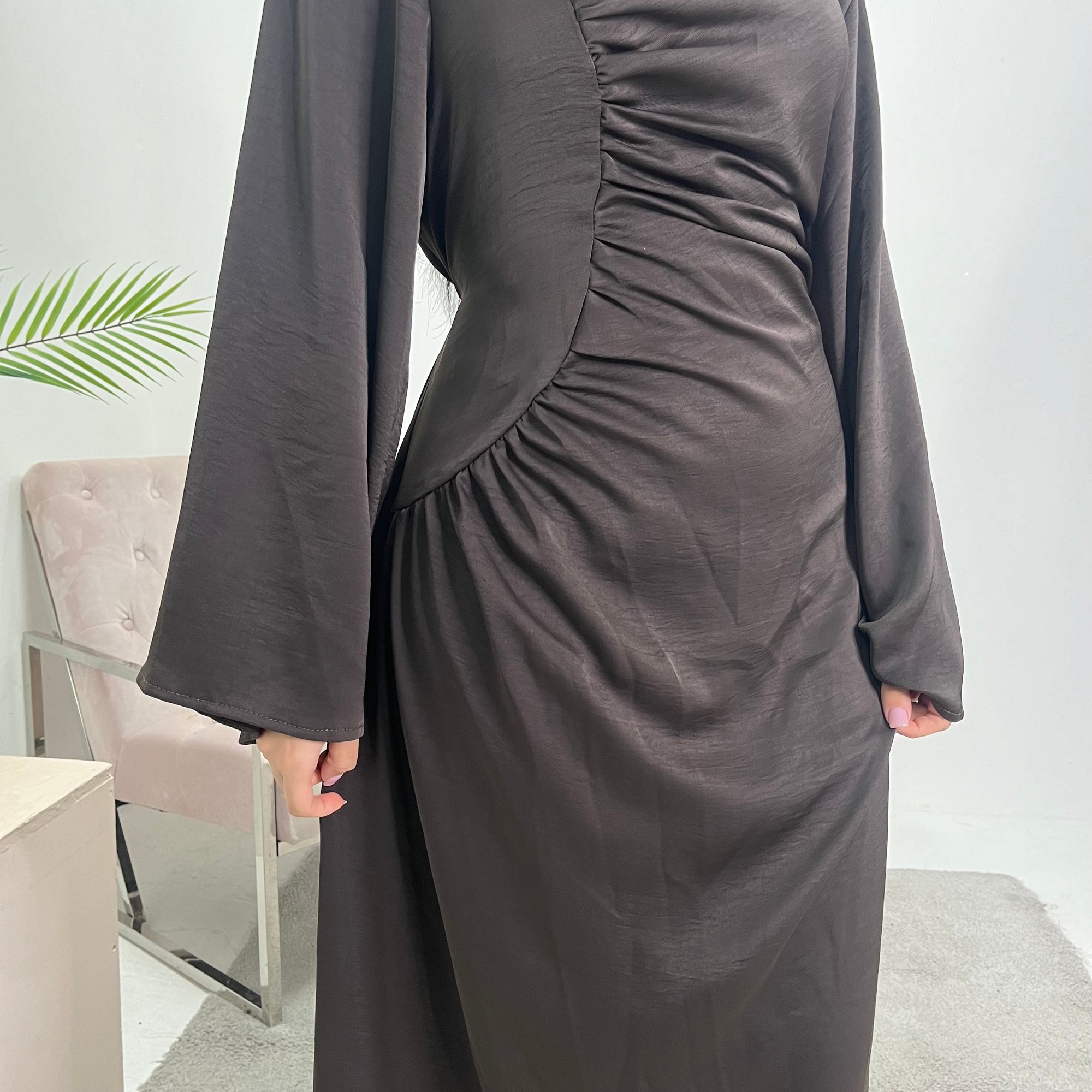 Lara Chocolate Satin Waist Detail Modest Dress