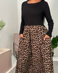 Deva Leopard Classic Printed A Line Ribbed Top Modest Maxi Dress With Pockets