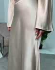 Sibel Beige Premium Satin Diamante Tie Back Dress