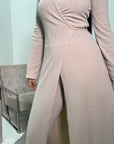 Hani Beige Soft Wrap Long Jacket & Trouser Co Ord Set