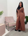 Hani Mocha Soft Wrap Long Jacket & Trouser Co Ord Set