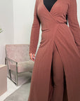 Hani Mocha Soft Wrap Long Jacket & Trouser Co Ord Set