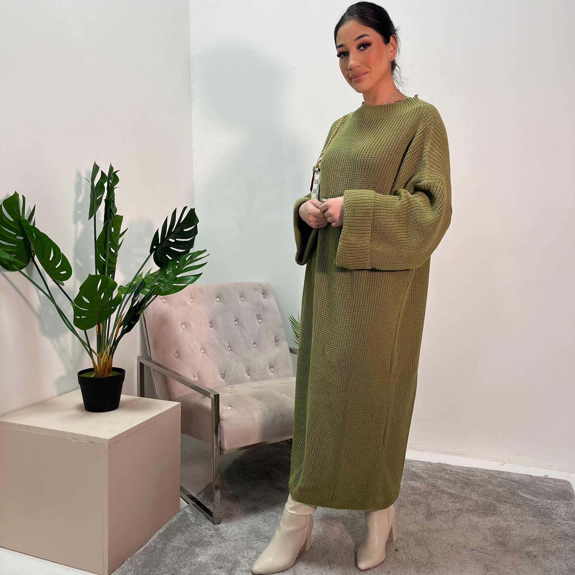 Aya Sage Knitted Roll Neck Jumper Dress