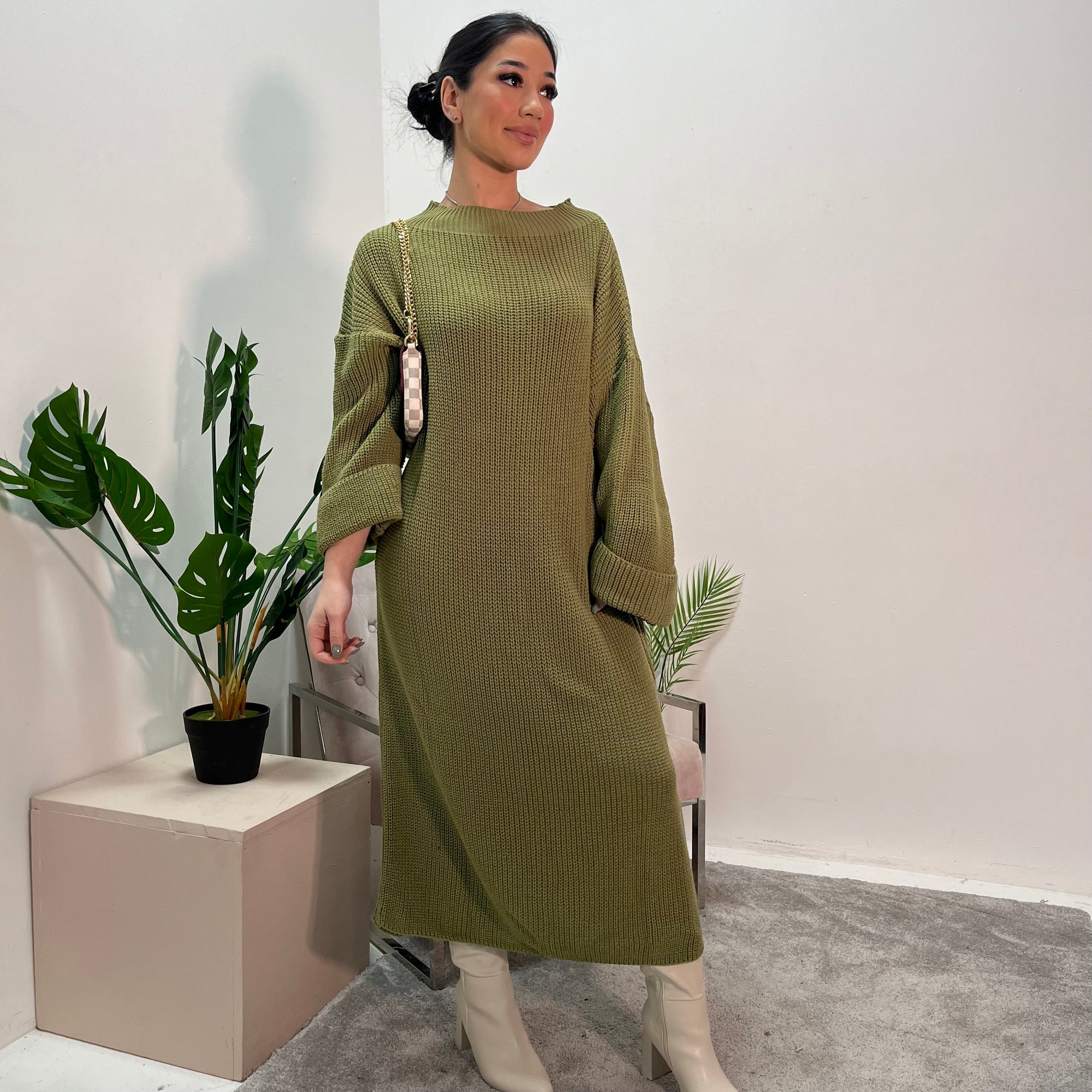 Aya Sage Knitted Roll Neck Jumper Dress