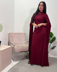 Zairia Wine Elegant Long Cape Sleeve Dress