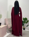 Zairia Wine Elegant Long Cape Sleeve Dress