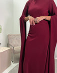 Zairia Wine Elegant Long Cape Sleeve Dress