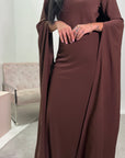 Zairia Chocolate Elegant Long Cape Sleeve Dress