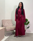 Keya Wine Satin Ring Buckle Modest Dress