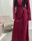 Keya Wine Satin Ring Buckle Modest Dress