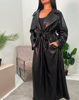 Halaya Black PU Belted Trench Coat