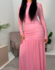 Ru Pink Mesh Ruched Mermaid Dress