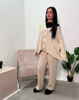 Enve Beige Knitted Button Trousers Co ord Set