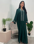 Bella Emerald Green V Neck Diamante Trim Modest Wear Abaya Dress