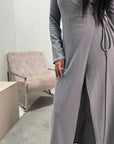 Hani Grey Soft Wrap Long Jacket & Trouser Co Ord Set