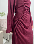 Lara Wine Satin Waist Detail Modest Dress