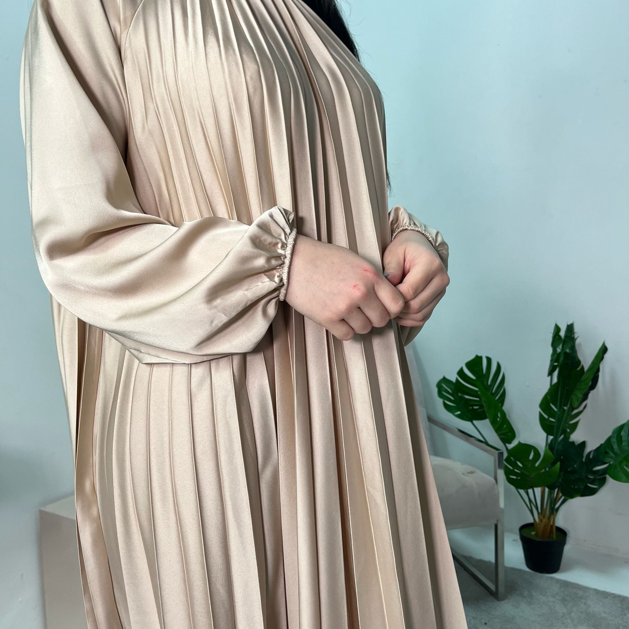 Reha Beige Pleated Long Satin Dress