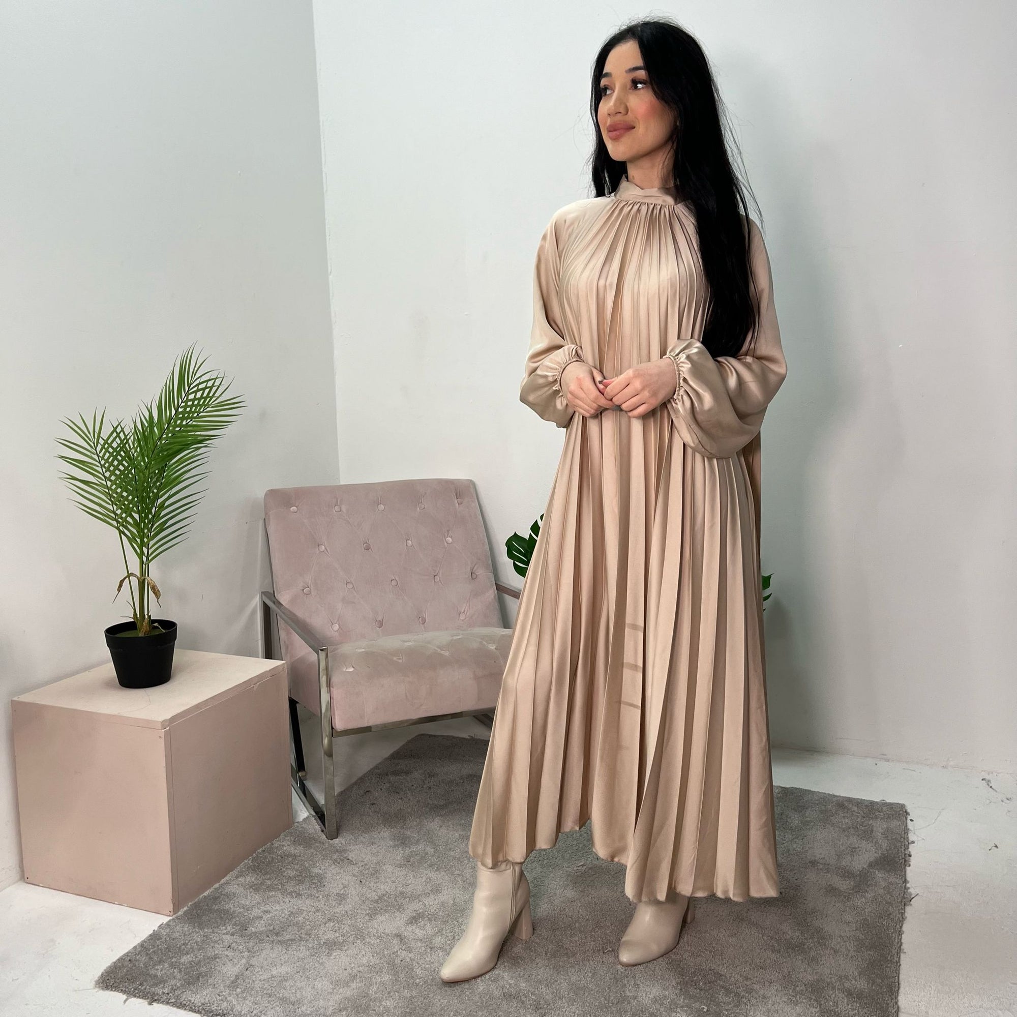 Reha Beige Pleated Long Satin Dress