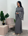 Iqra Grey Contrast Ruffle Sleeve Belted Dress