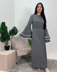 Iqra Grey Contrast Ruffle Sleeve Belted Dress