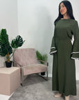 Iqra Khaki Contrast Ruffle Sleeve Belted Dress