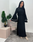 Iqra Black Contrast Ruffle Sleeve Belted Dress