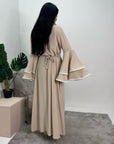 Iqra Beige Contrast Ruffle Sleeve Belted Dress