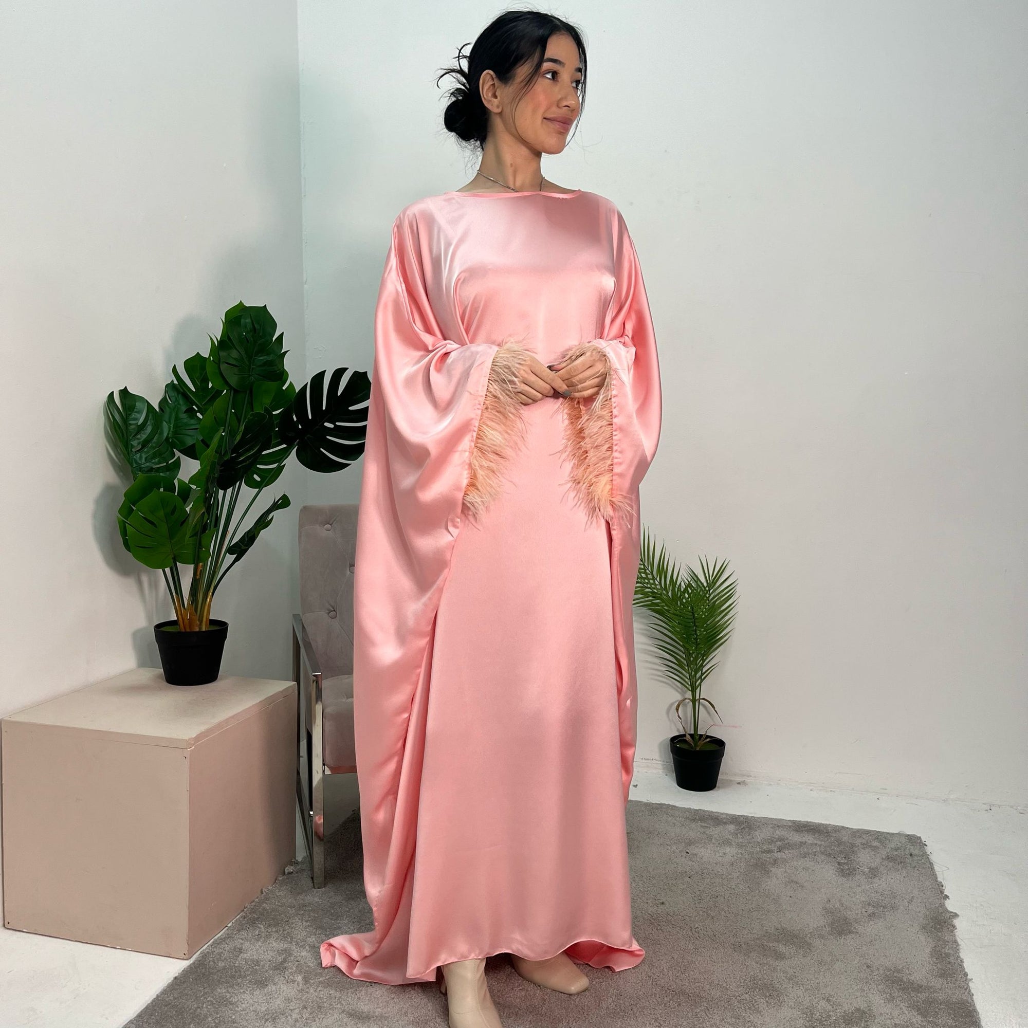 Haniya Pink Fur Trim Kaftan Dress