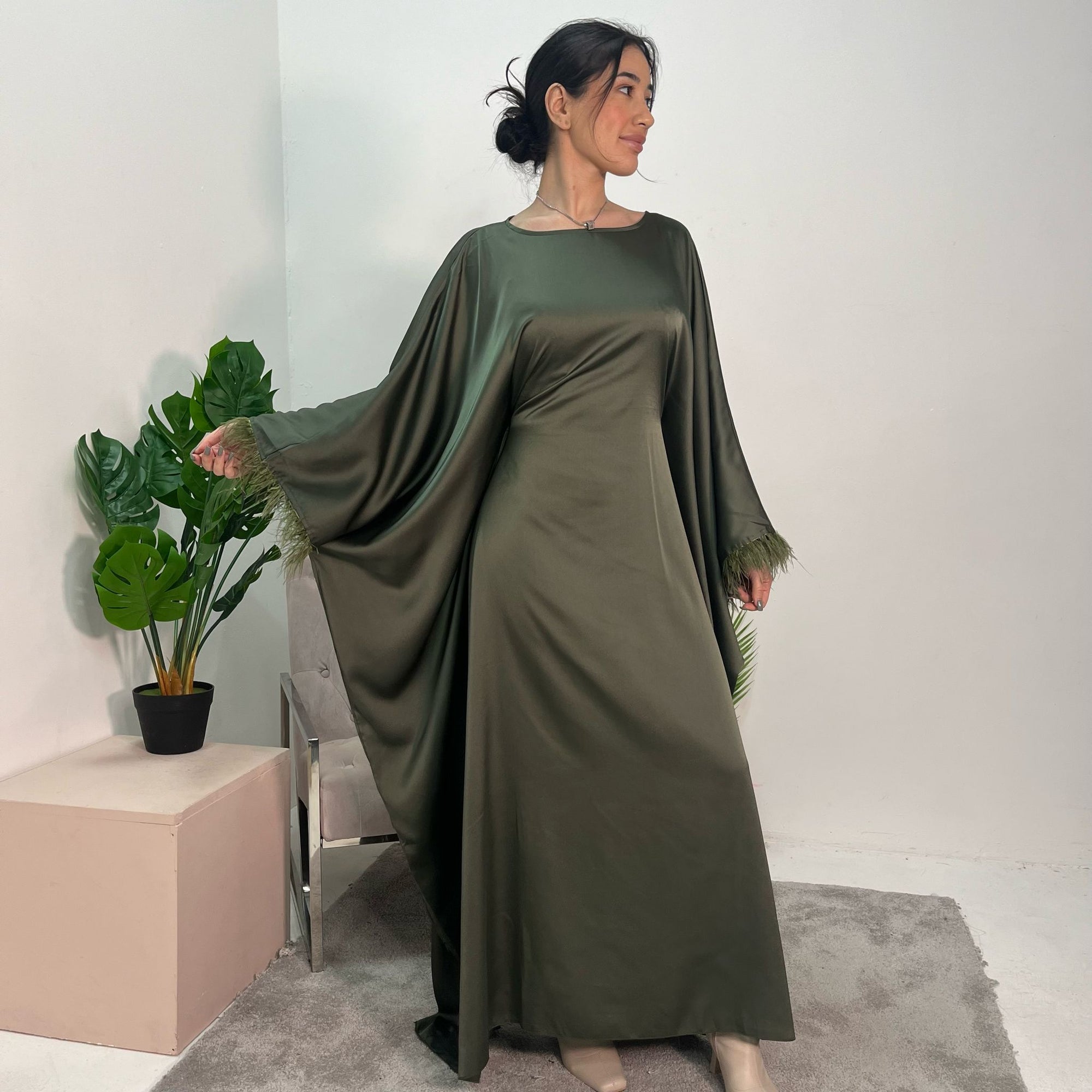 Haniya Khaki Fur Trim Kaftan Dress