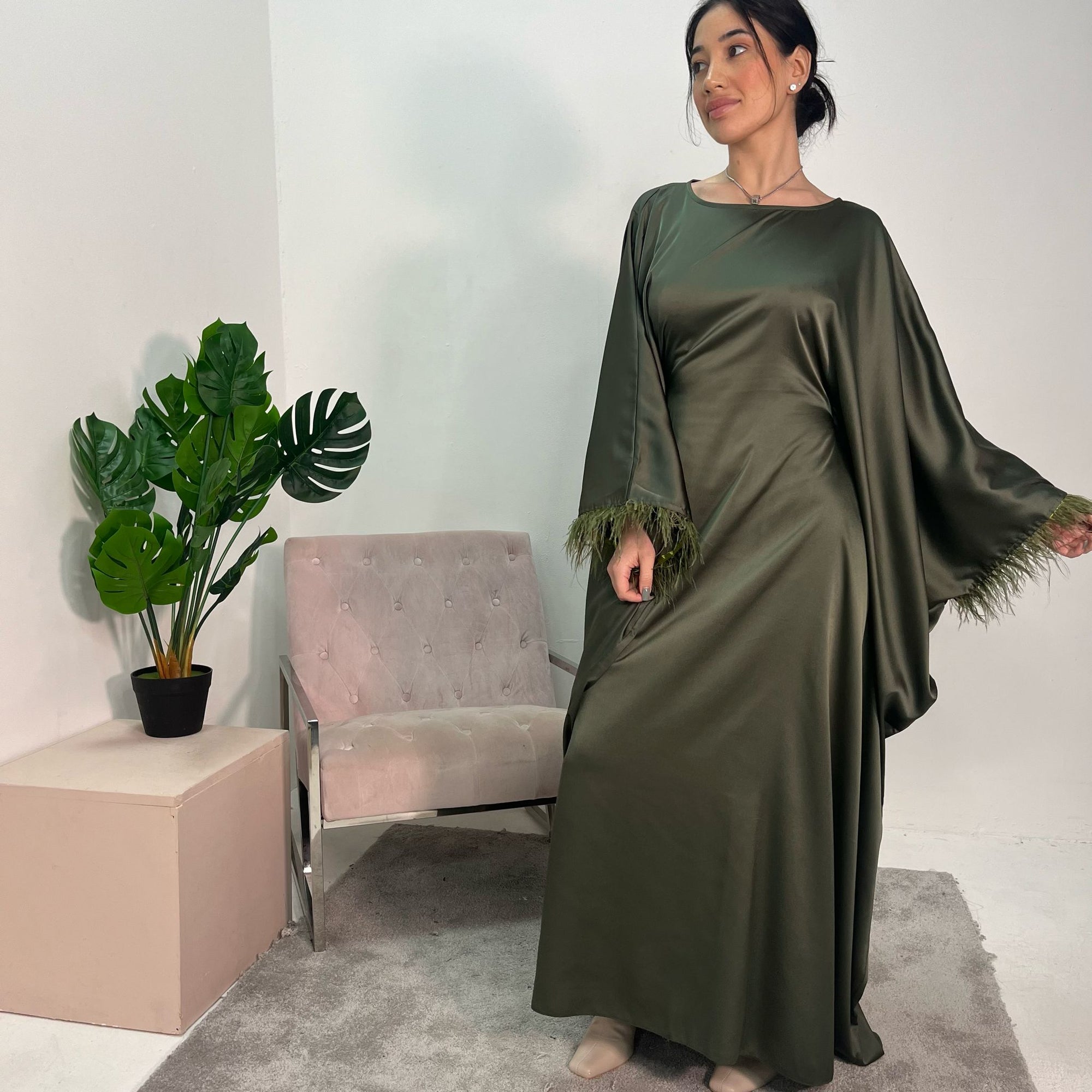 Haniya Khaki Fur Trim Kaftan Dress