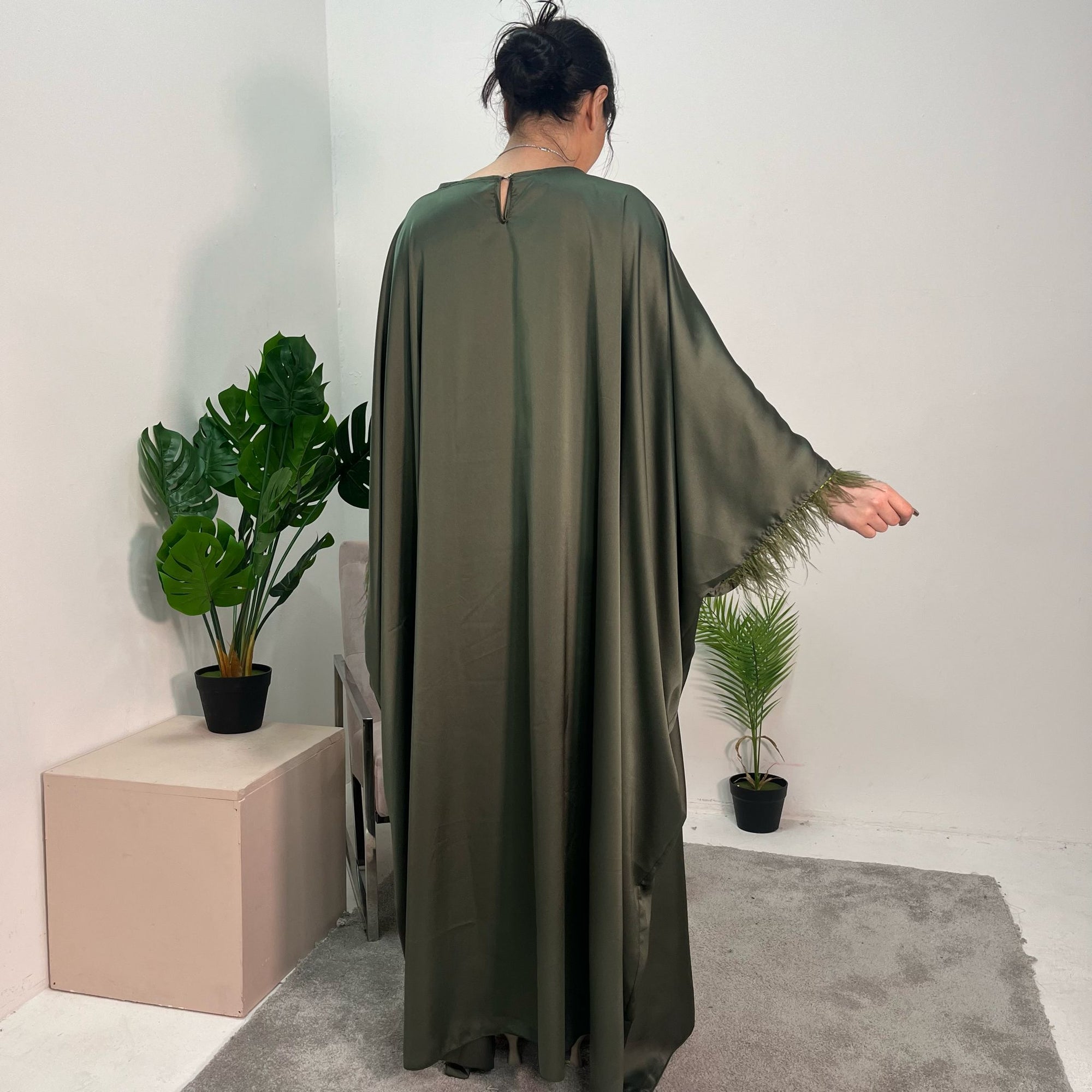 Haniya Khaki Fur Trim Kaftan Dress