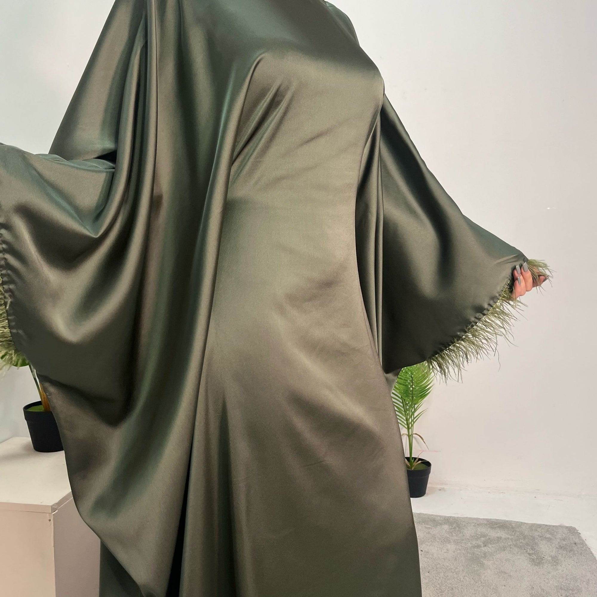 Haniya Khaki Fur Trim Kaftan Dress