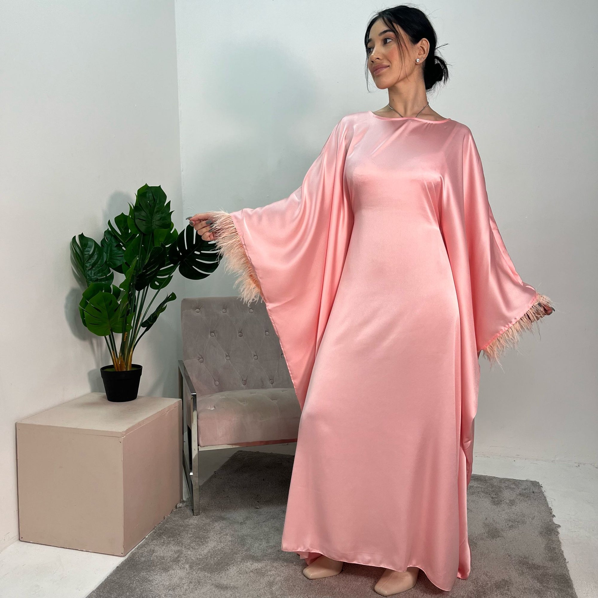 Haniya Pink Fur Trim Kaftan Dress