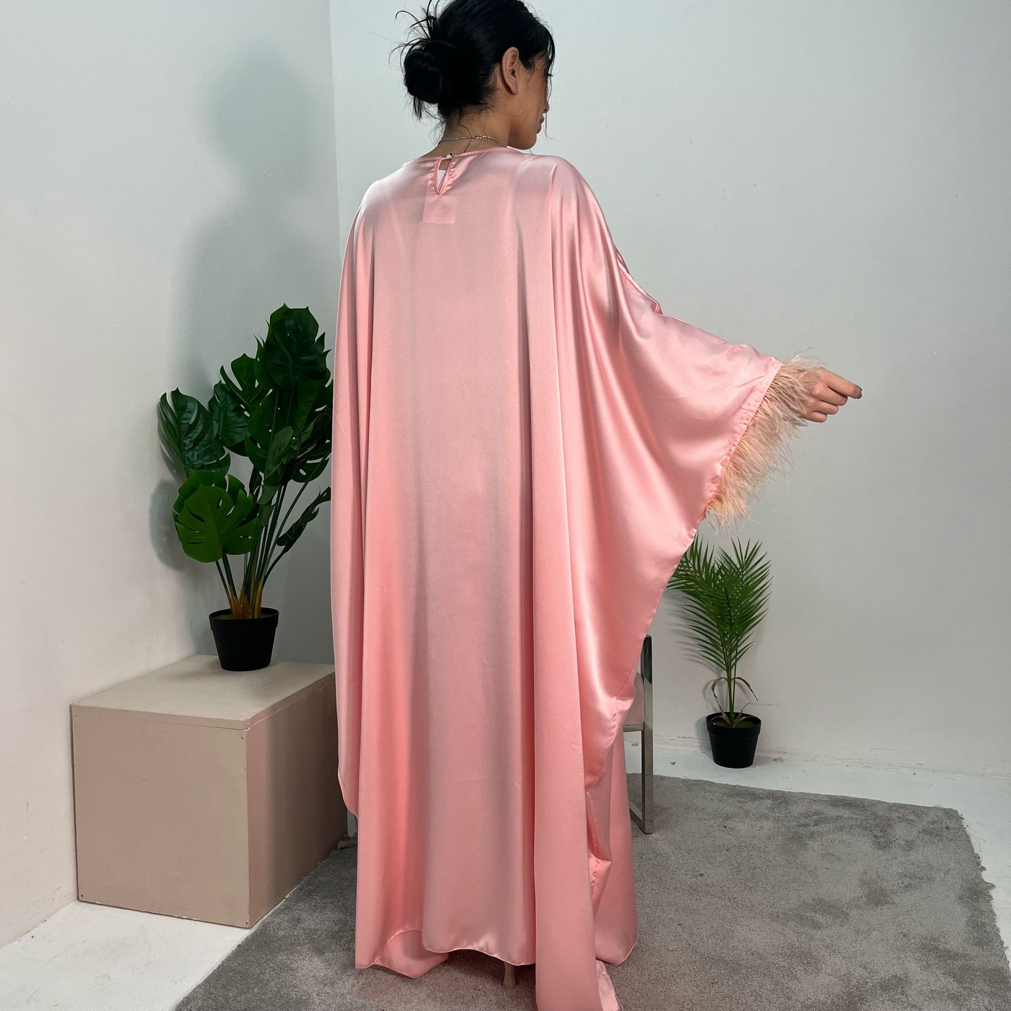 Haniya Pink Fur Trim Kaftan Dress