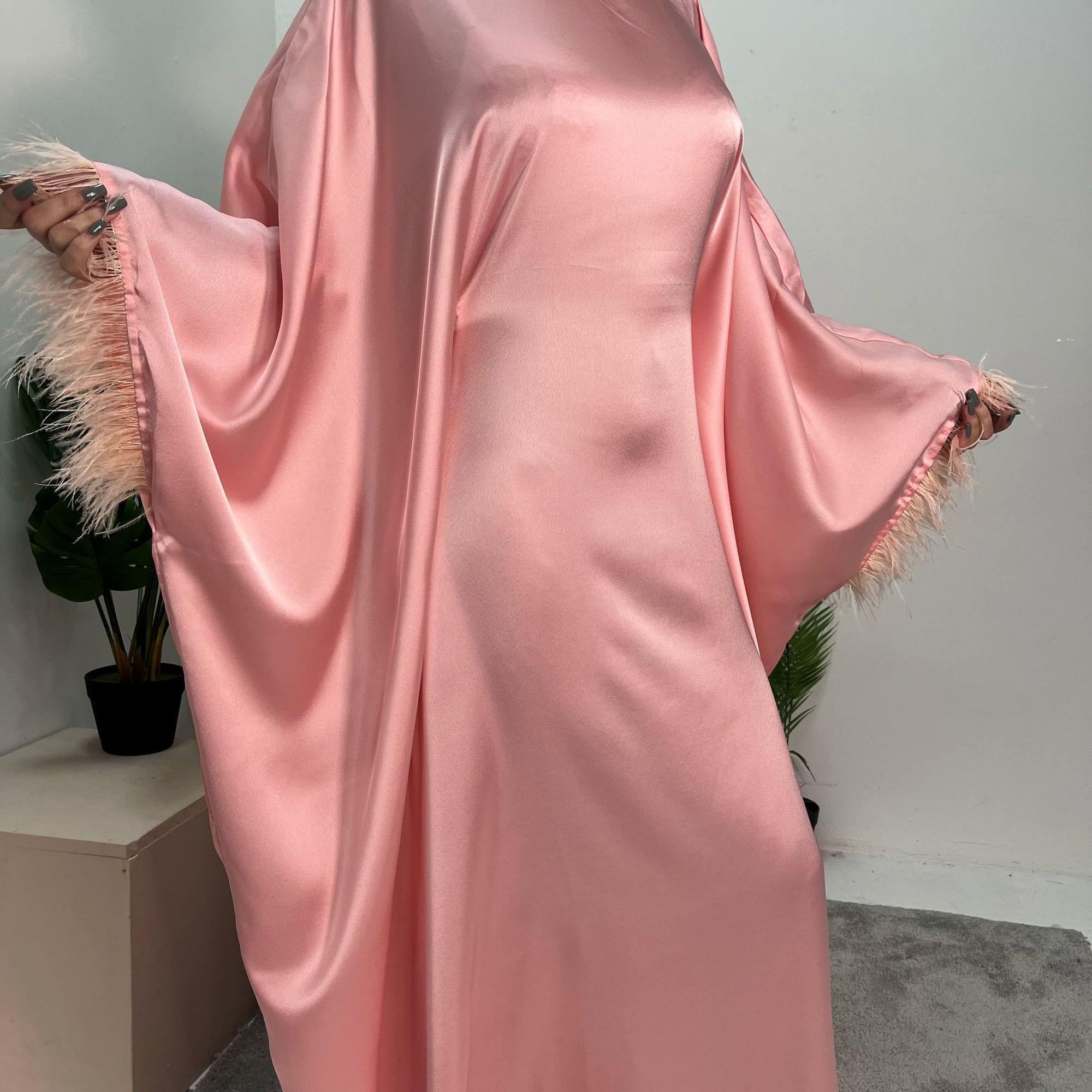 Haniya Pink Fur Trim Kaftan Dress