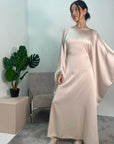 Haniya Beige Fur Trim Kaftan Dress