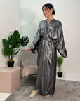 Zoya Silver V Neck Metallic Belted Drape Dress