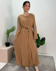 Anusha Camel 2-Piece Gold Trim Abaya Belted Dress