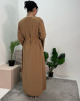 Anusha Camel 2-Piece Gold Trim Abaya Belted Dress