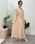 Anusha Beige 2-Piece Gold Trim Abaya Belted Dress