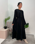 Anusha Black 2-Piece Gold Trim Abaya Belted Dress