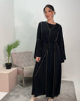 Anusha Black 2-Piece Gold Trim Abaya Belted Dress