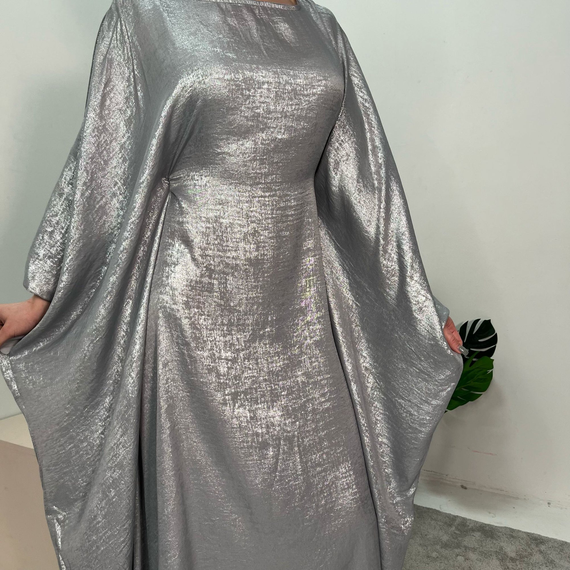 Rabia Silver Metallic Elasticated Batwing Kaftan Dress