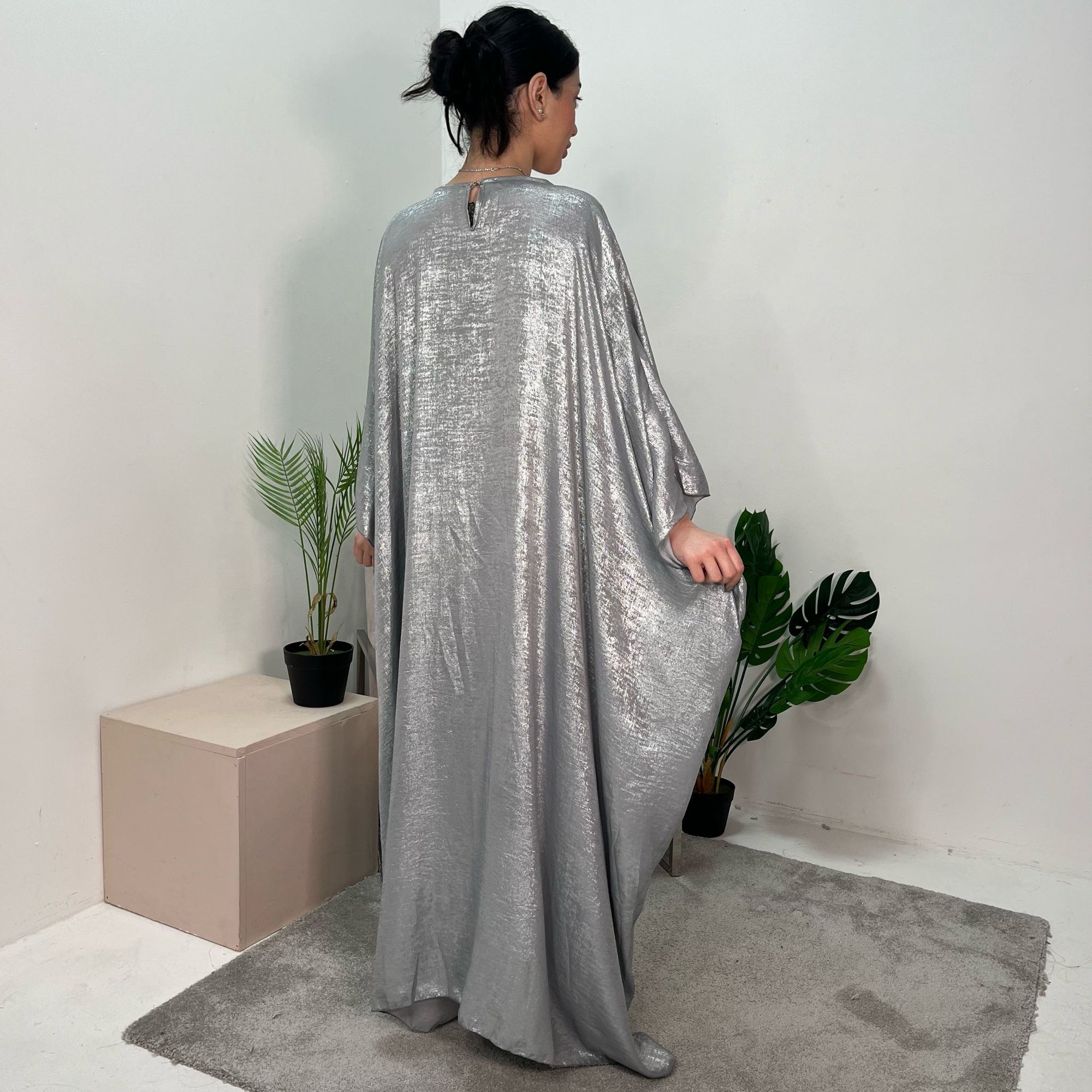 Rabia Silver Metallic Elasticated Batwing Kaftan Dress