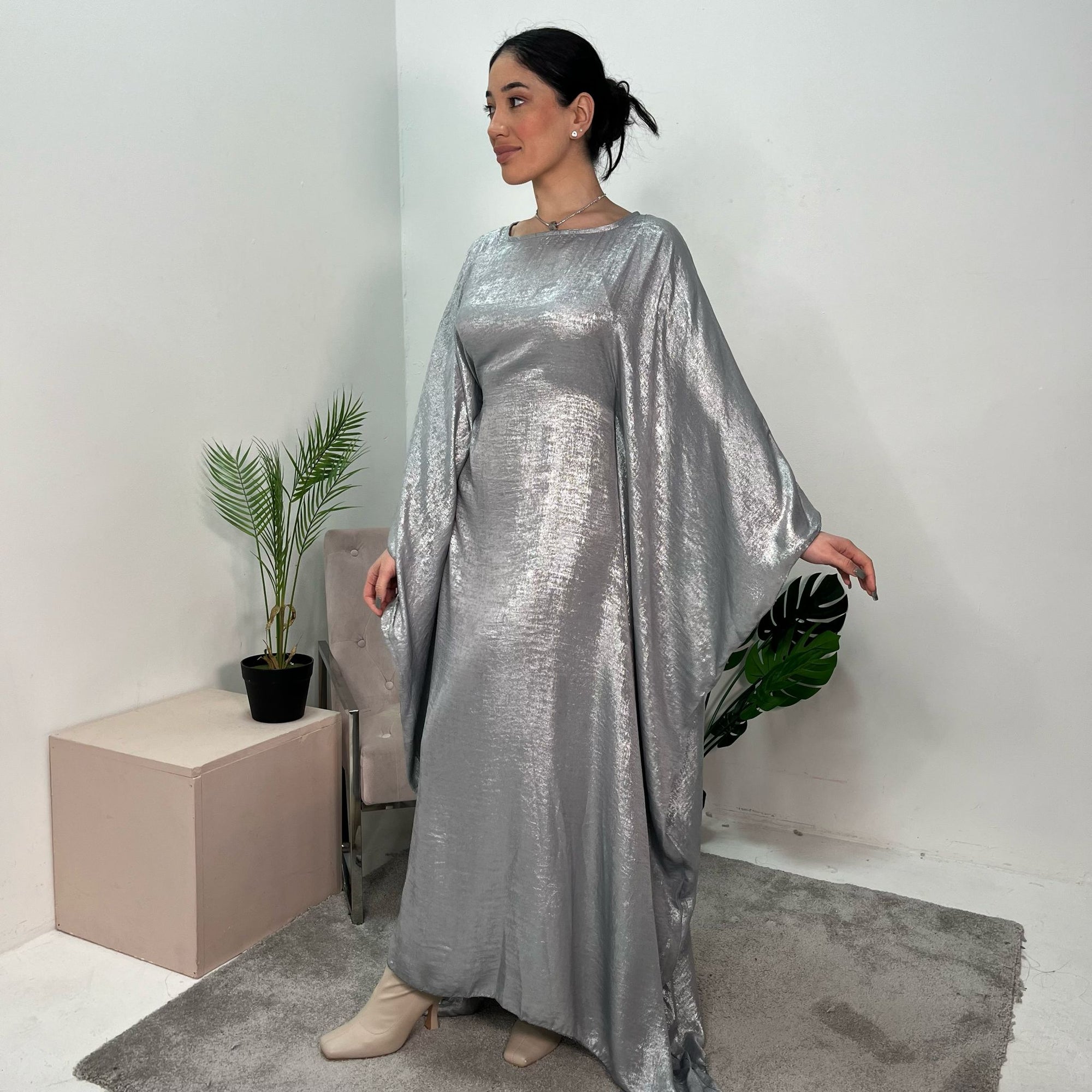 Rabia Silver Metallic Elasticated Batwing Kaftan Dress