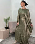 Rabia Khaki Metallic Elasticated Batwing Kaftan Dress